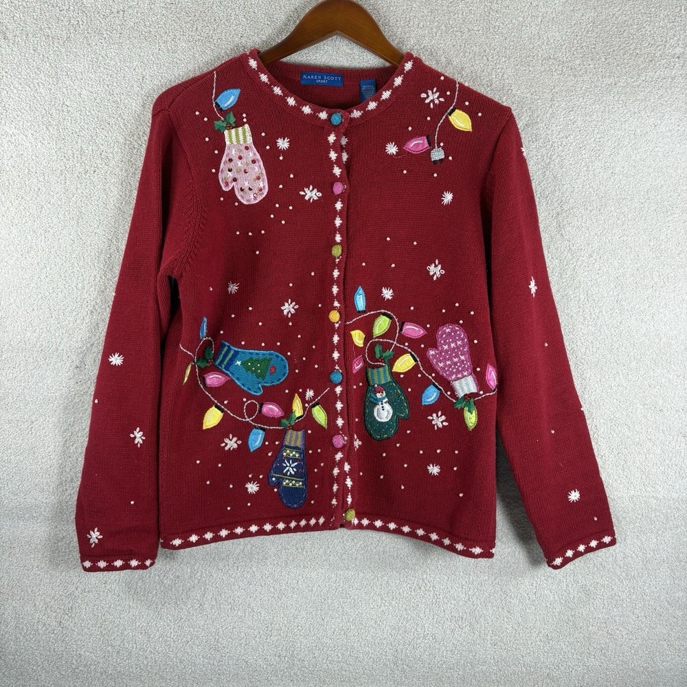 Karen Scott Sport Red Ugly Christmas Sweater Mittens And Lights Design Women's M